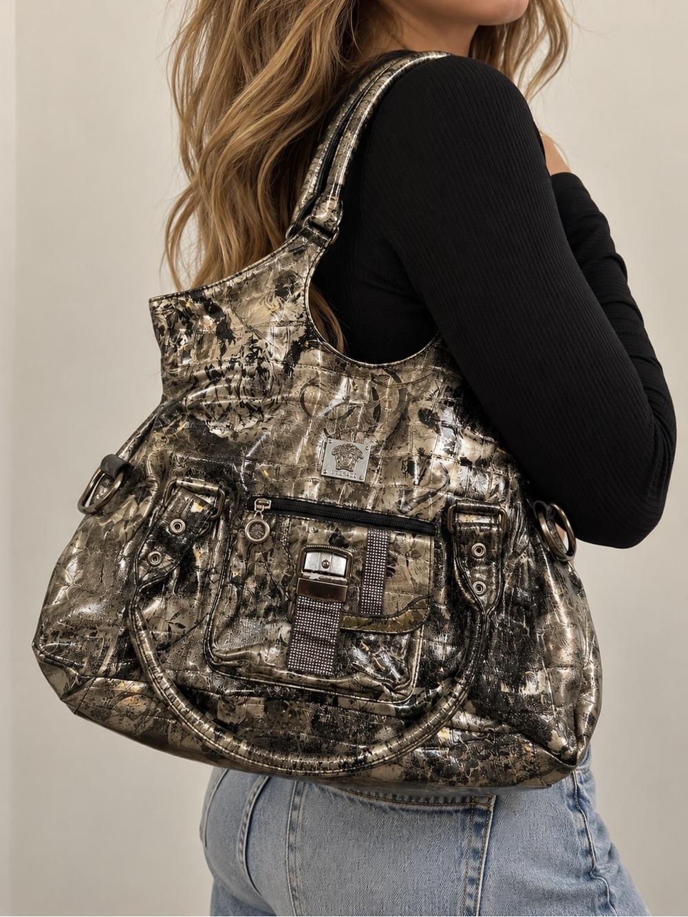Designer inspired Metallic Silver-Black Shoulder Bag